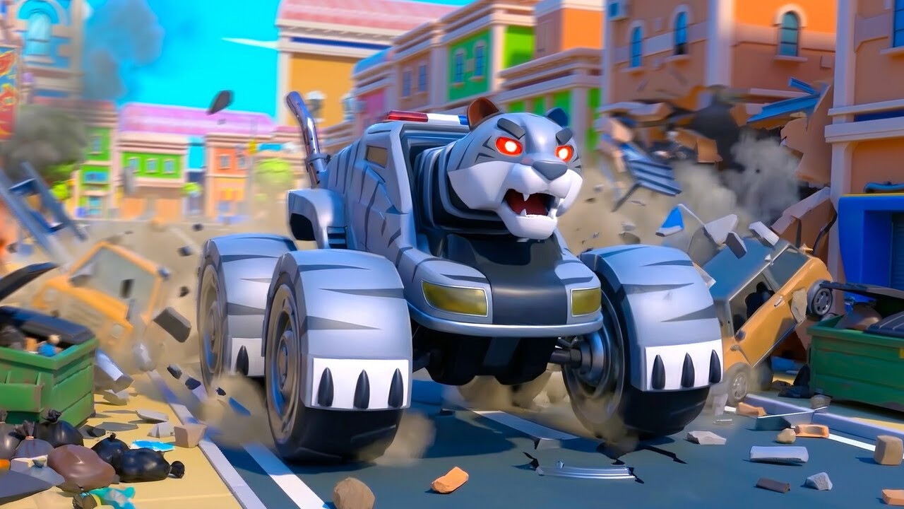 TIGER POLICE CAR EVIL TWIN is destroying everything! Stop him, RESCUE TEAM! | Super Police Rescue