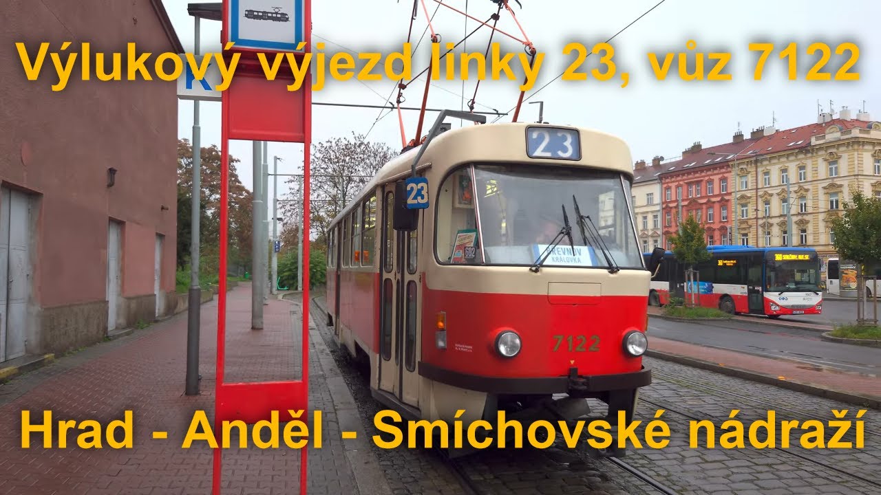 Linka 23, vůz 7122, výlukový výjezd na Smíchovské nádraží od Pražského Hradu | 4K HDR
