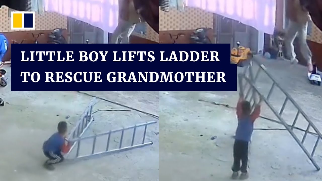 Little Chinese boy lifts ladder to rescue grandmother from fall