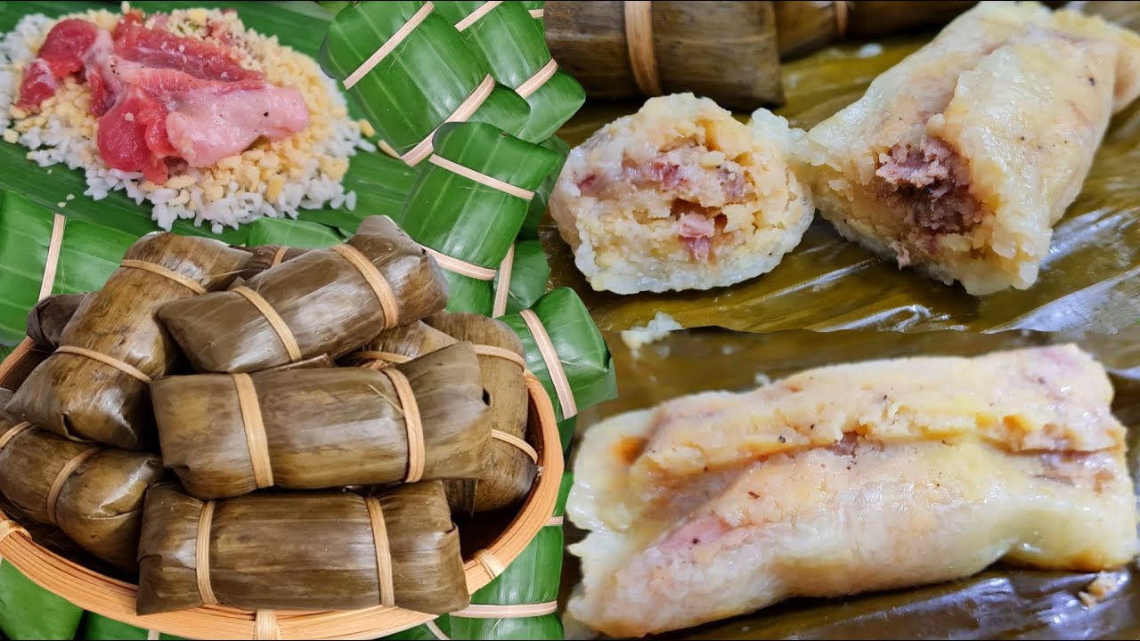 Asia Rice cake with pork and beans filling .ข้าวต้มมัดหมู ถั่วเขียว ลาวฝั่งโขง ເຂົ້າຕົ້ມຫມູຫໍ່ນ້ອຍ.