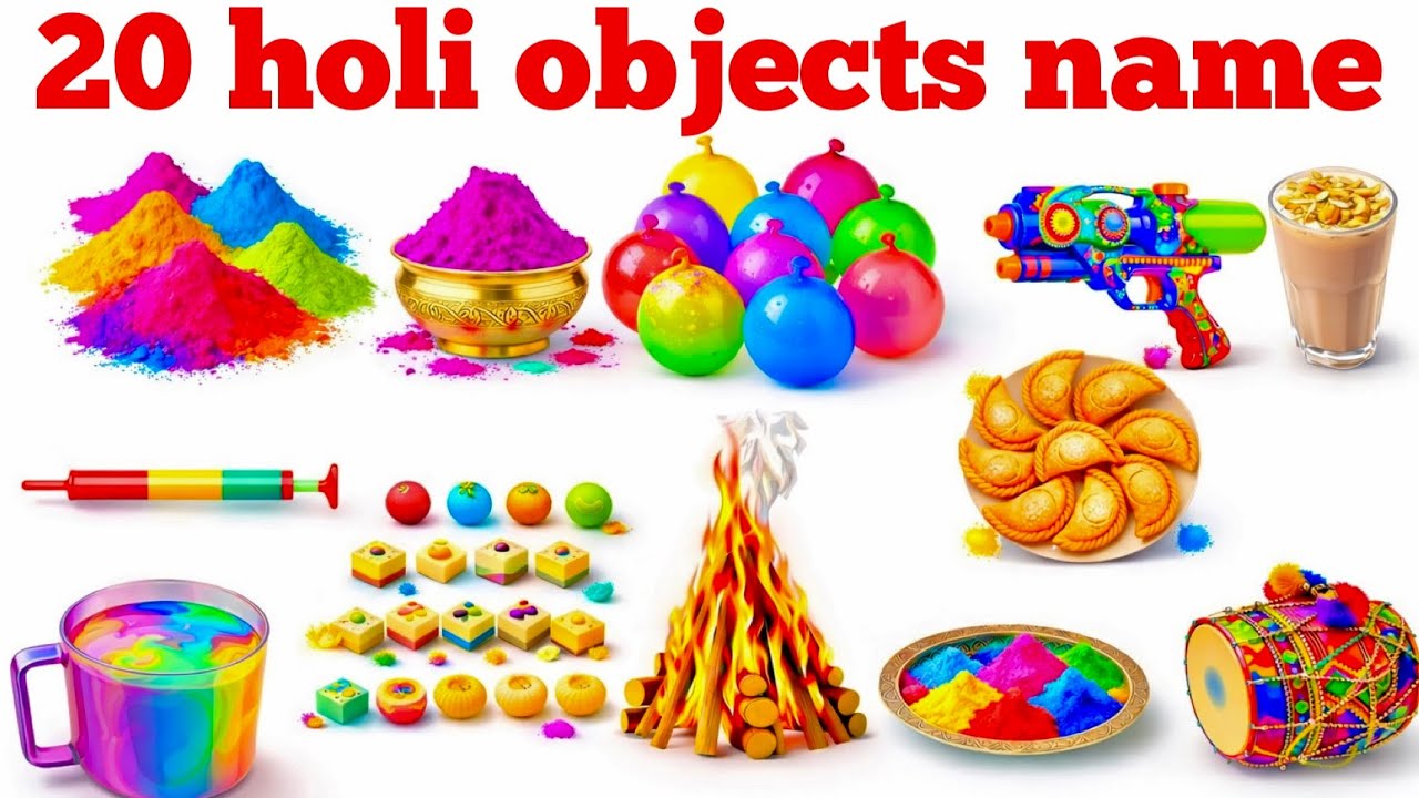 20 Holi Objects Name for Kids Festival Items in English & Hindi | KidsLearning videoI Learn Holi 