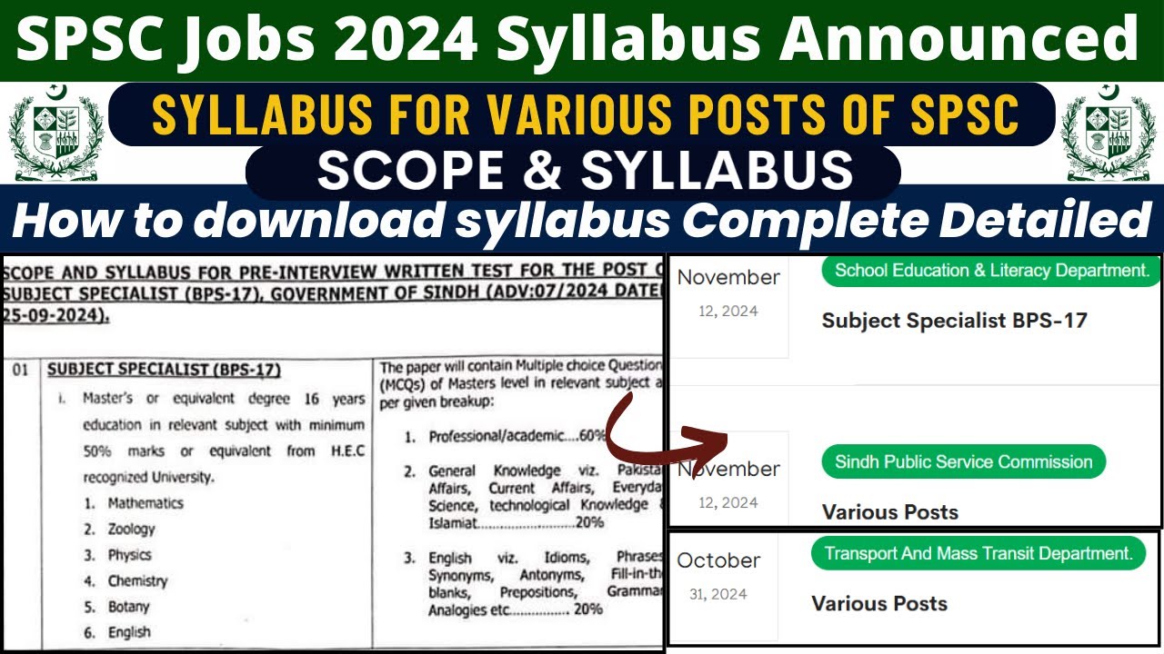 SPSC Jobs 2024 Syllabus Announced | Subject Specialist, Assistant, Law Officer & More |SPSC Syllabus
