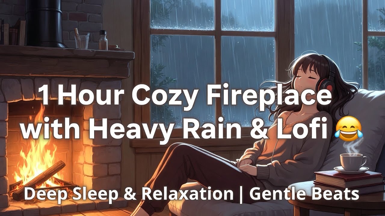 1 Hour Cozy Fireplace with Heavy Rain & Gentle Lofi Beats 🔥🌧️ | Deep Sleep, Relax & Study