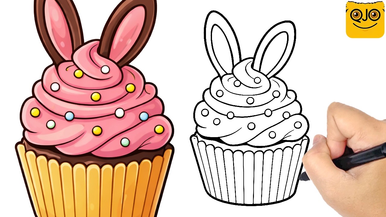 How to Draw  a Cupcake with Bunny Ears | QJO Drawings
