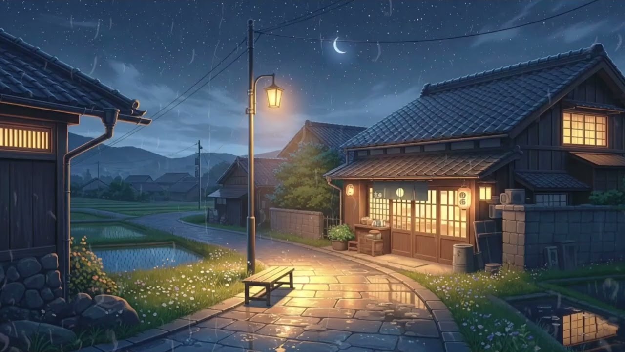 Lofi Jazz with Soft Rain at Midnight | Japanese Village Sleep Sounds