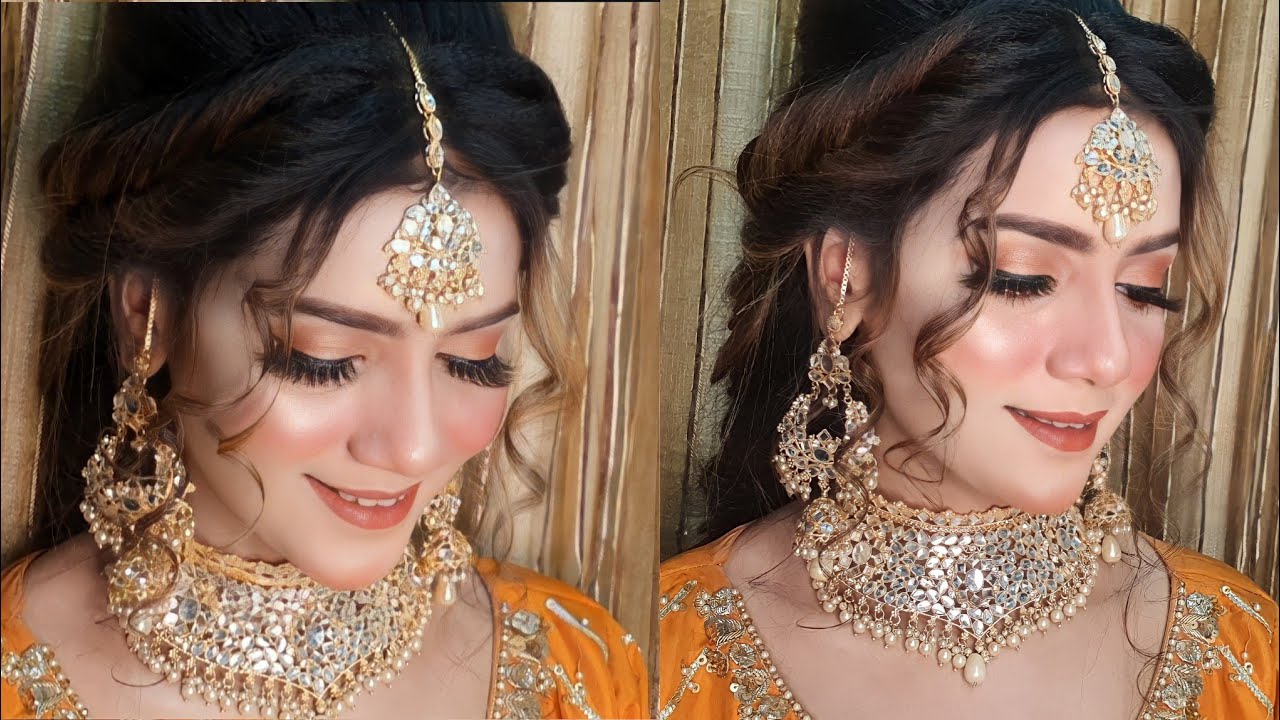 Traditional pakistani Mehndi bride makeup tutorial | Soft peach pink makeup tutorial