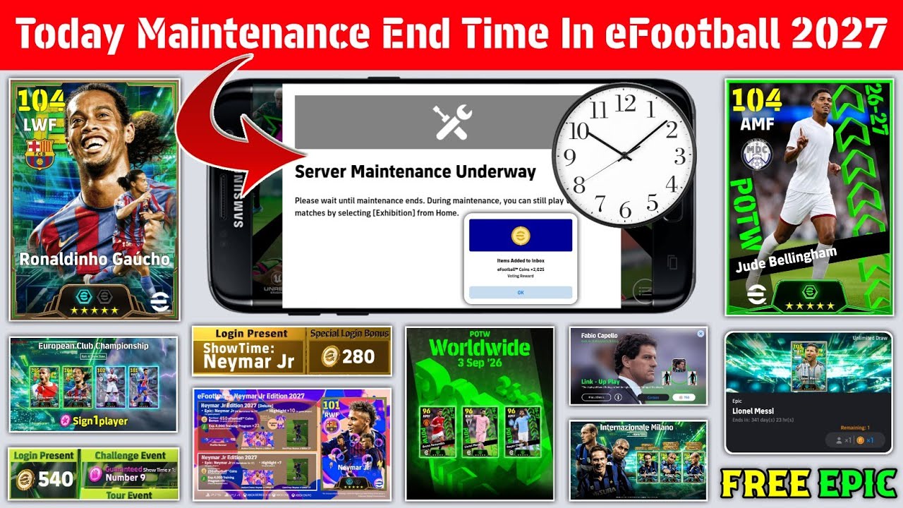 Время окончания технических работ в eFootball 2027 Mobile сегодня | Технические работы на сервере...