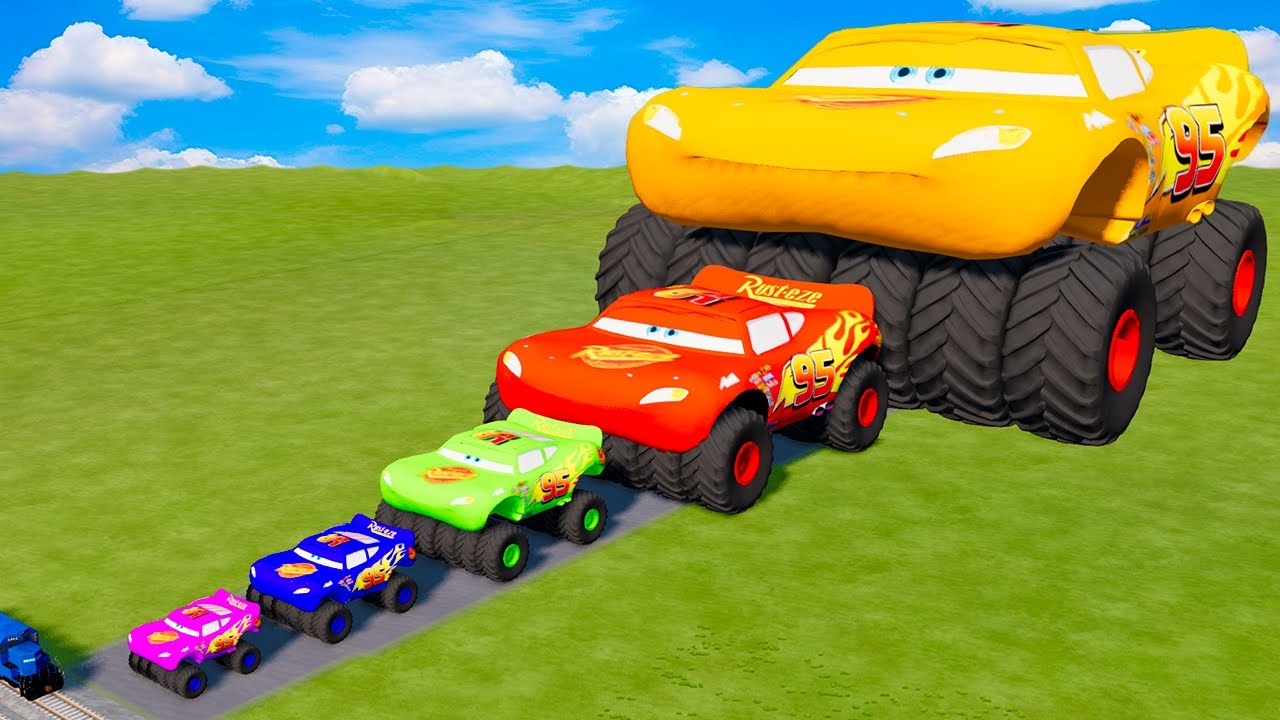 Big & Small Wide Lightning Mcqueen Monster Truck Red vs Blue vs Yellow vs Purple | BeamNG.Drive