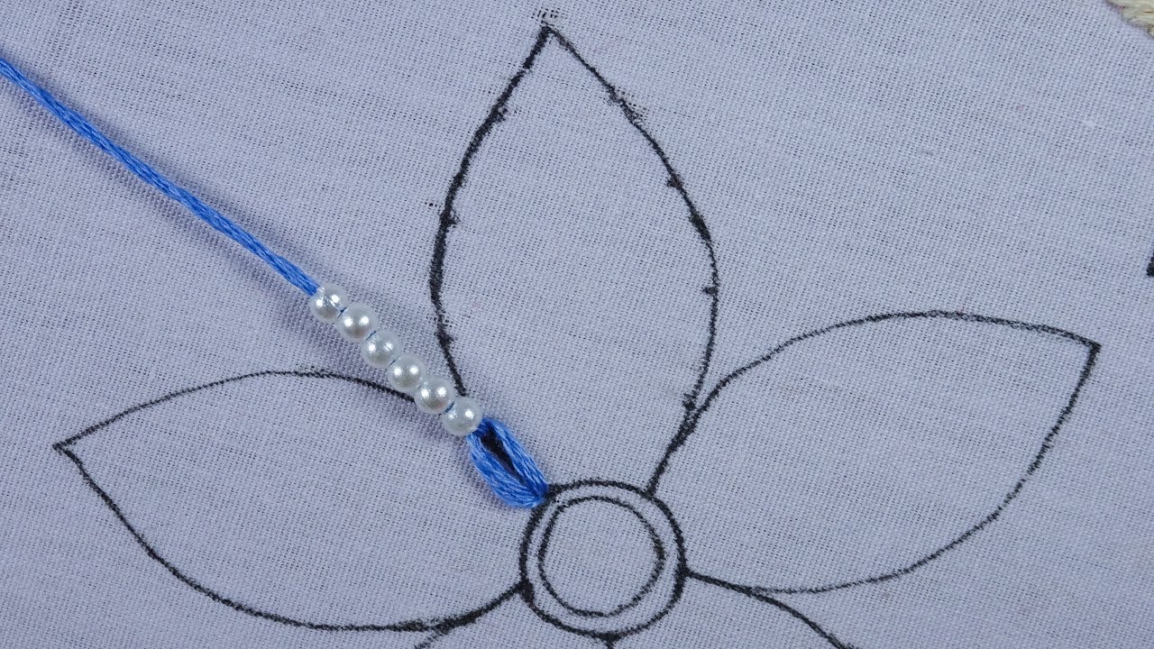 hand embroidery Pearl and Thread combine easy floral design | Pearl needle work by @RoseWorld