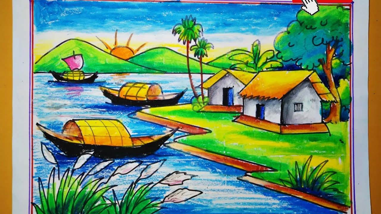 village scenery painting easy oil pastel 🏡#drawing #youtube #villagescenery