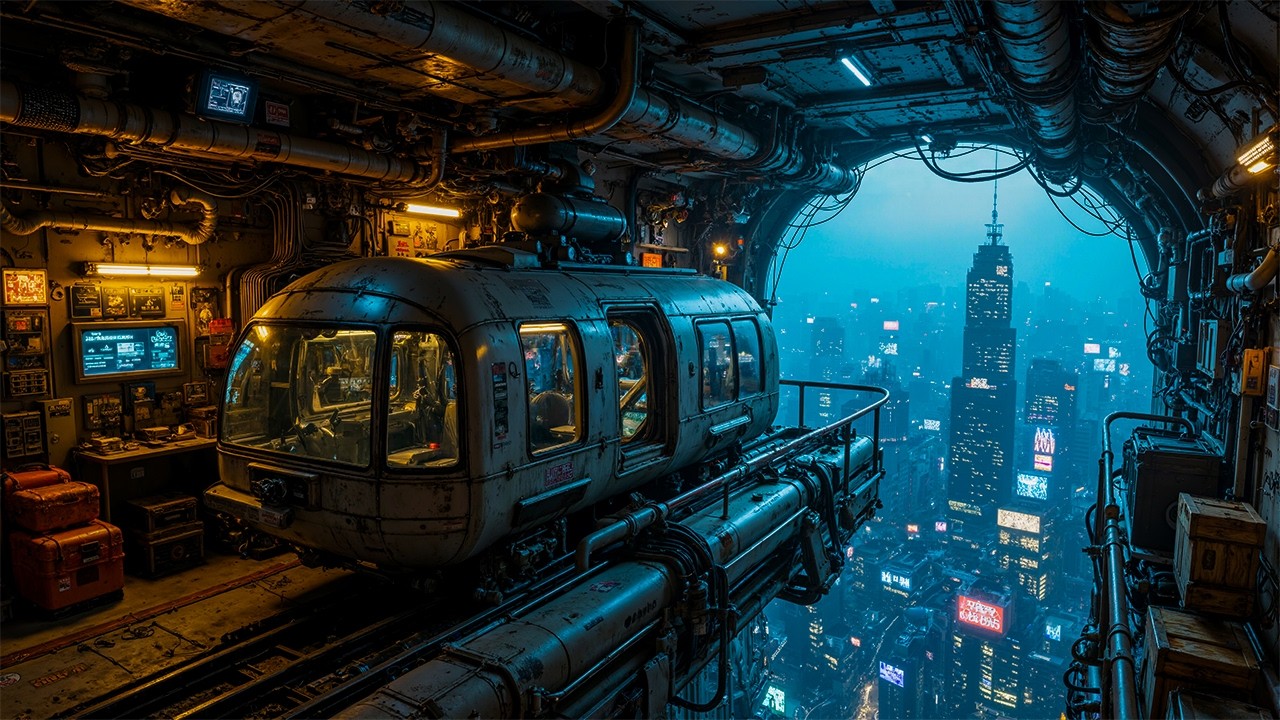 Cyberpunk Sky Transit Cabin | Futuristic City Night Ambience & Neon Megacity | 4K