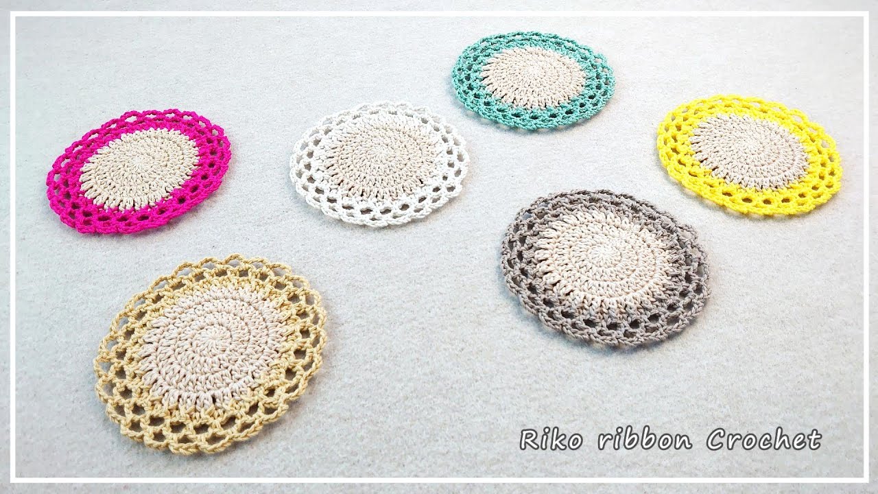 ネット編みのコースター。かぎ針編みを楽しもう（Let's enjoy crochet.）。