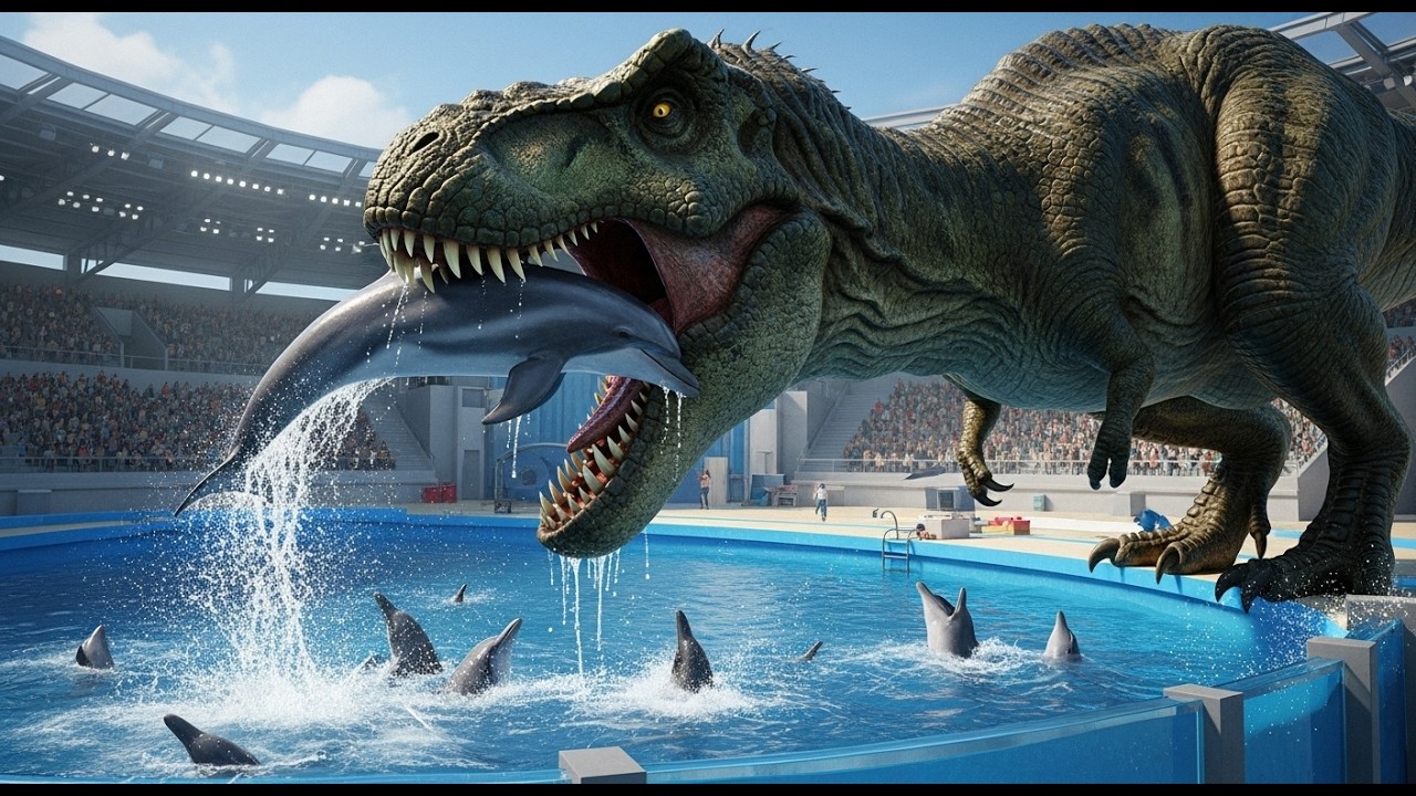 T-Rex Attacks Dolphin Show &ndash; Helicopters & Steel Net Epic Rescue!
