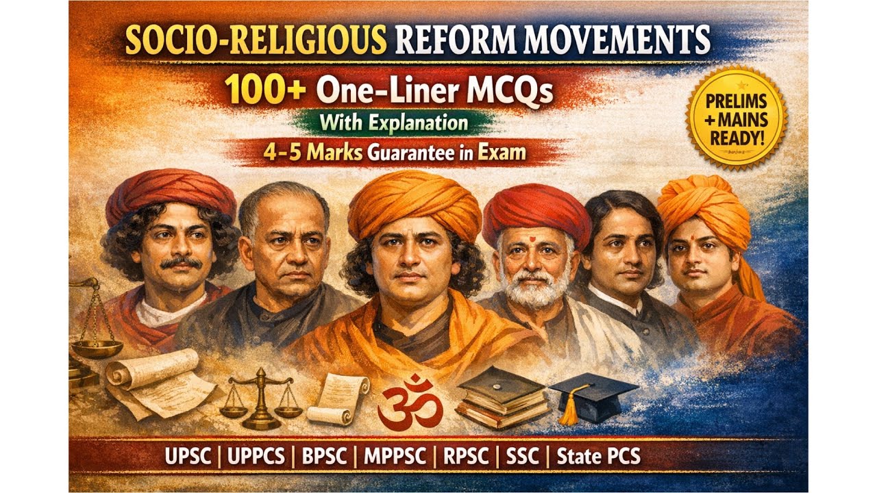 Socio-Religious Reform Movements in India – One-Liner MCQs 📜 | Modern History | UPSC, UPPCS Prelims