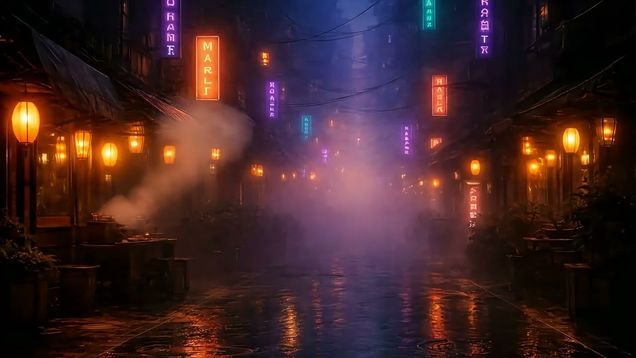 Cyberpunk Rain Ambience (1 Hour) | Neon Market at Night (No Talking)