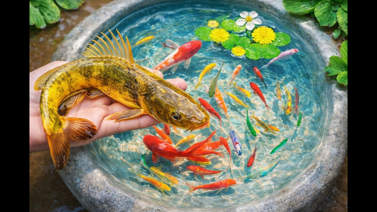 Catching Red Guppy and Koi Fish in a Small Wild Pond