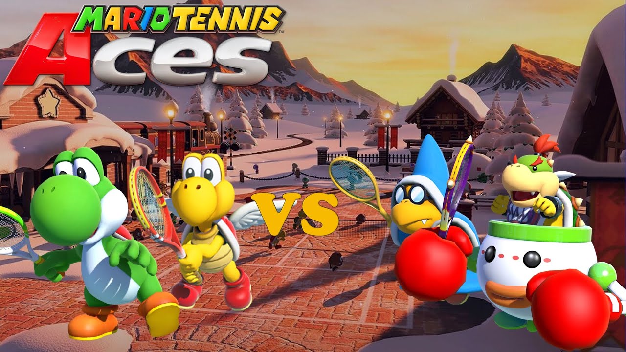 Mario Tennis Aces - Yoshi & Koopa Paratroopa vs Bowser Jr & Kamek - Snowfall Mountain