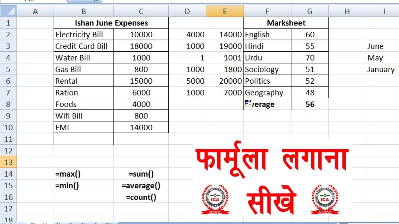 Formula of Sum Average Count Min Max in Excel - How to use formula in excel in Hindi | Part-28