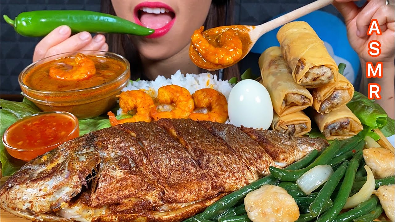 ASMR MASSIVE EATING SHRIMP CURRY BIG FRIED FISH GREEN BEAN+CHICKEN EGG ROLLS & RICE Sounds