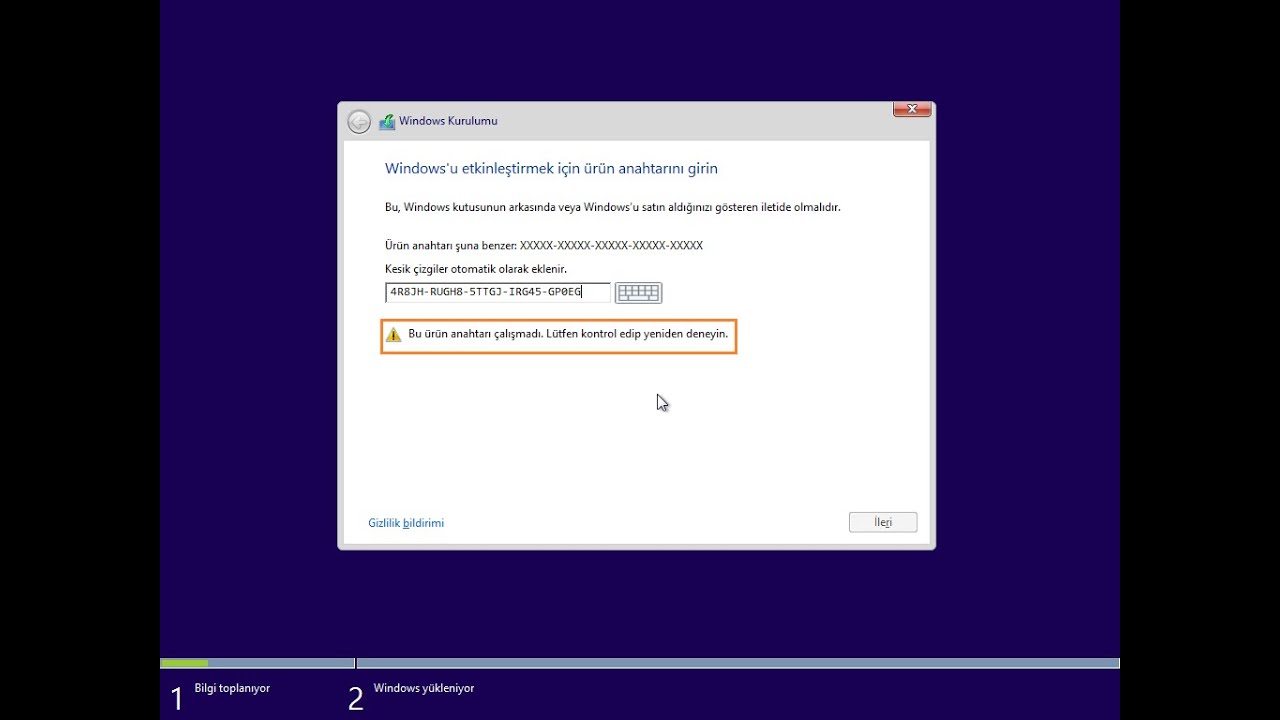 windows 8 kurarken  ürün anahtarını pas geçme