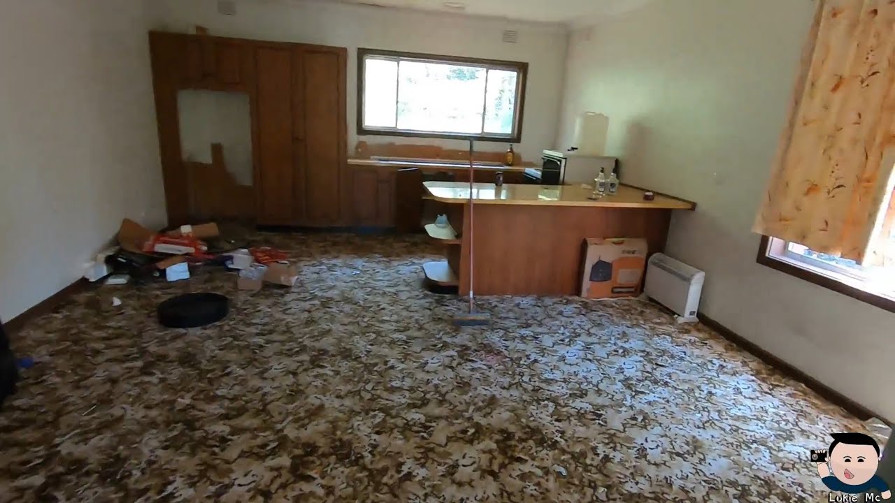 Abandoned House with a carpeted kitchen and lots of junk