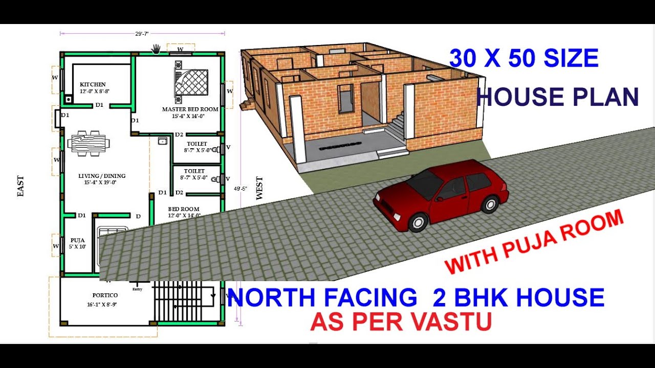 North Facing 2BHK House plan ( 30 x 50 ) With Pooja Room, Staircase & Portico as per Standard Vastu.