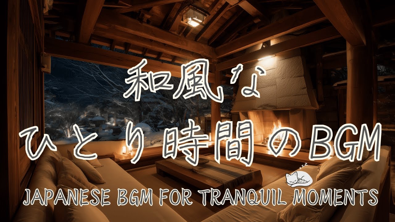 【 冬の和風BGM 】日本の雪景色と暖炉のある温かい和風テラス /  ピアノと和楽器の曲 / 作業・勉強・集中 ・睡眠 / 猫