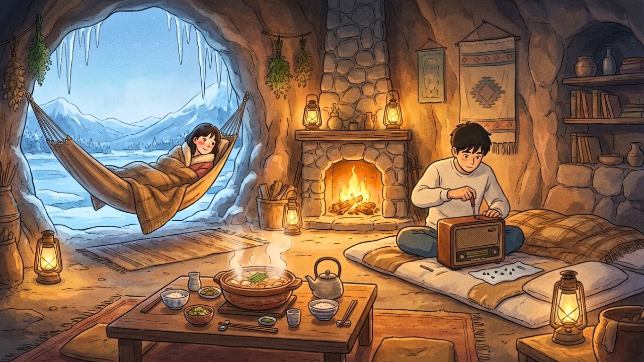 Snowy Rural Japan Evening: Cozy Cave Dinner, Steaming Hot Pot & Vintage Radio | Ghibli-Style ASMR