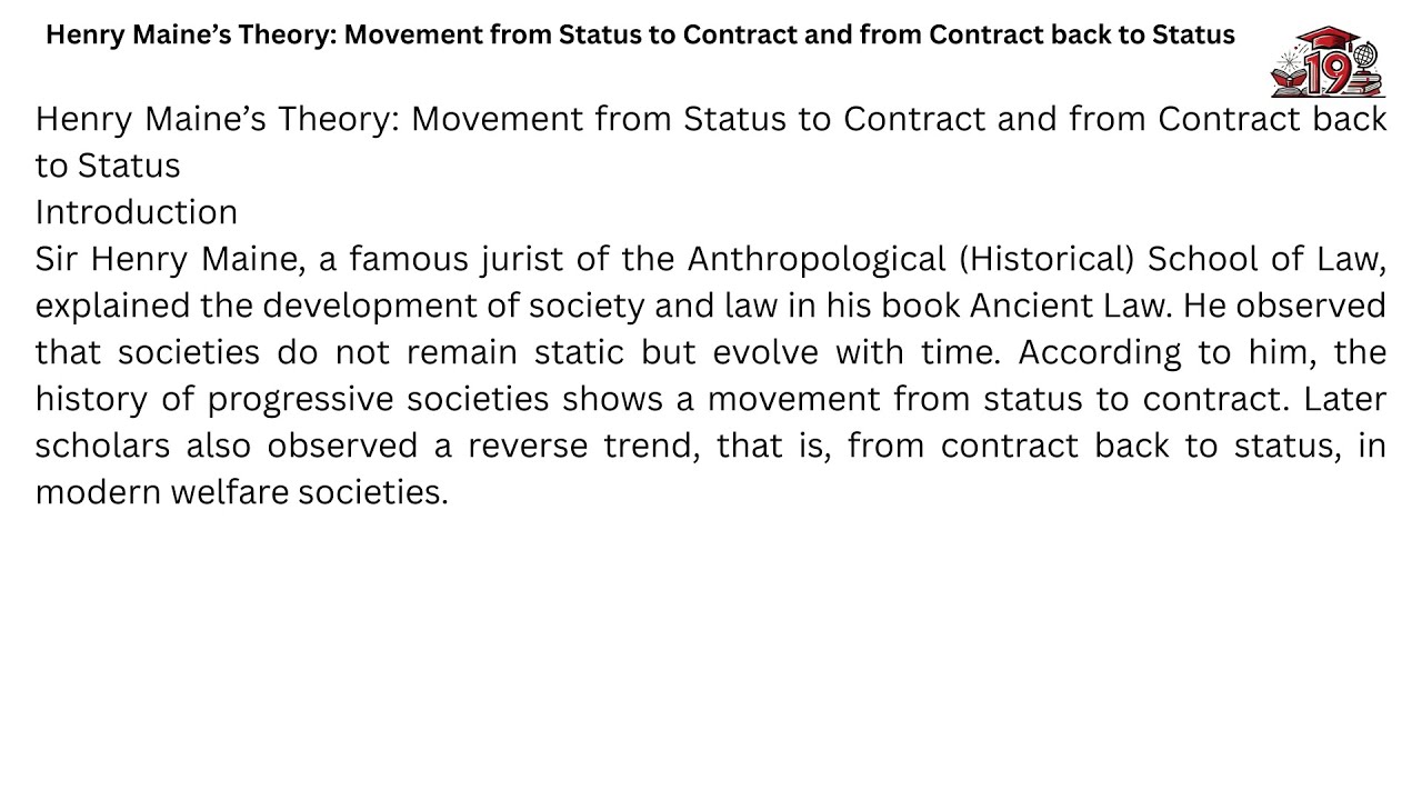 Sir Henry Maine&rsquo;s theory explains that society first moved from status to contract
