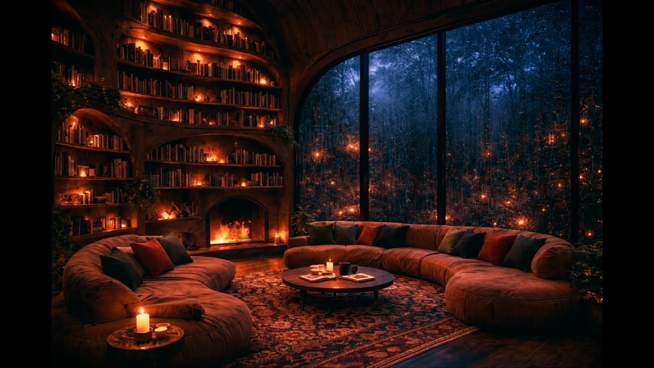 Rainy Forest Library at Night | Cozy Fireplace Sounds for Deep Sleep | 7 Hours 🌙🔥
