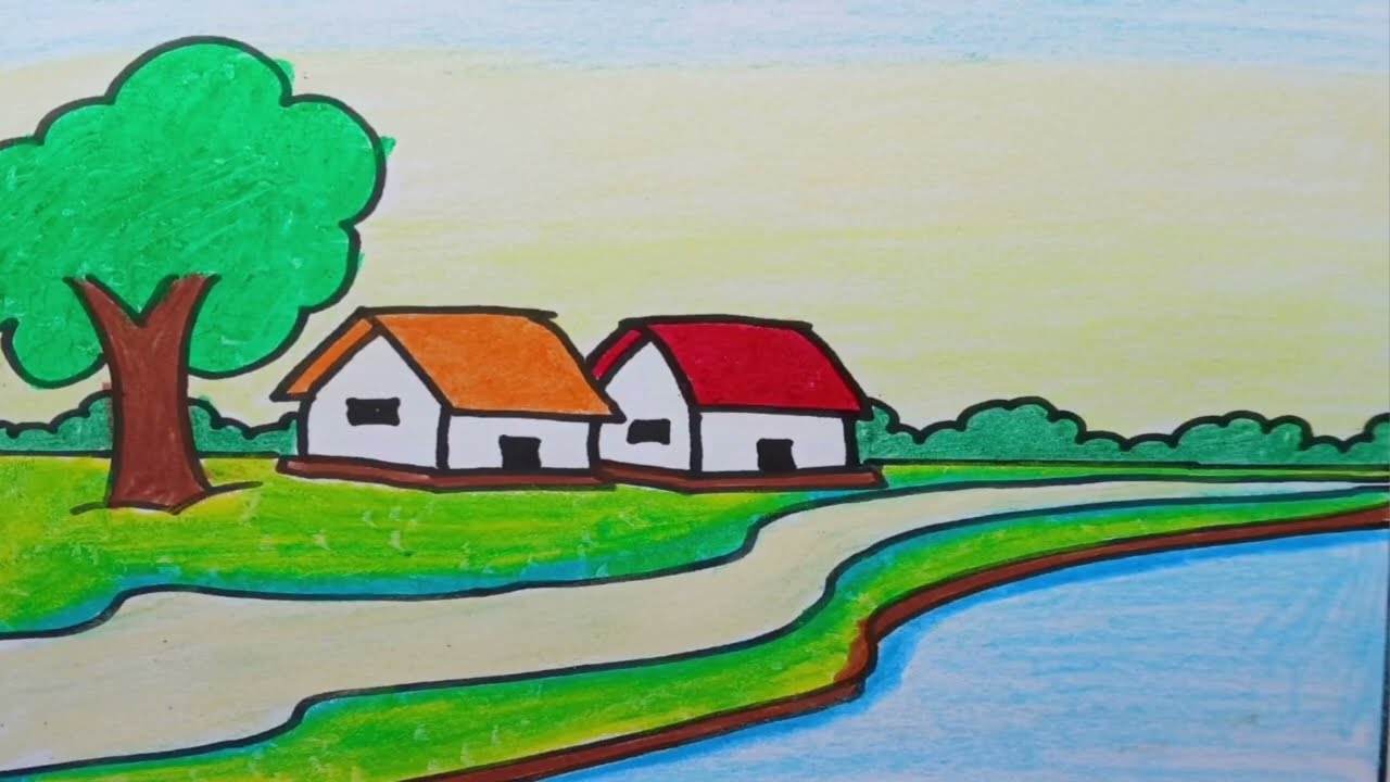 Easy landscape drawing for beginners|Learn house and nature simple painting