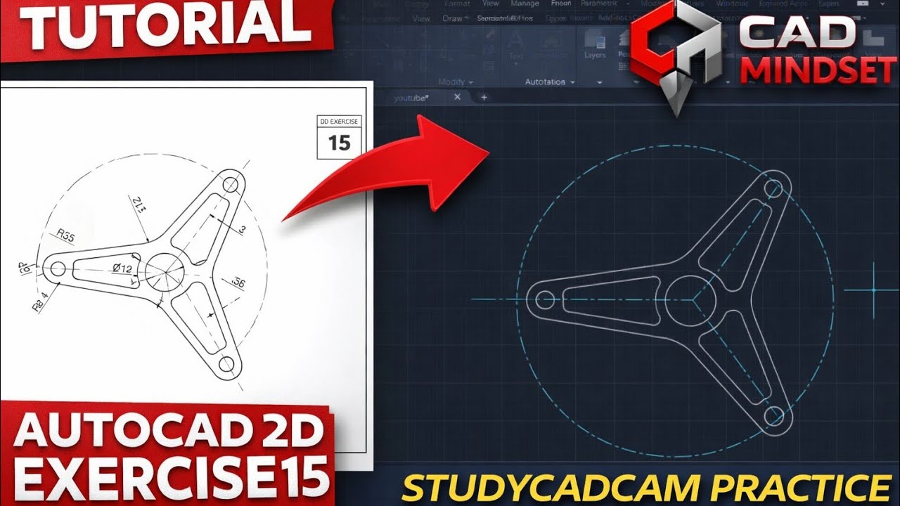 AutoCAD 2D Exercise 15 Tutorial | STUDYCADCAM Practice | CAD Mindset