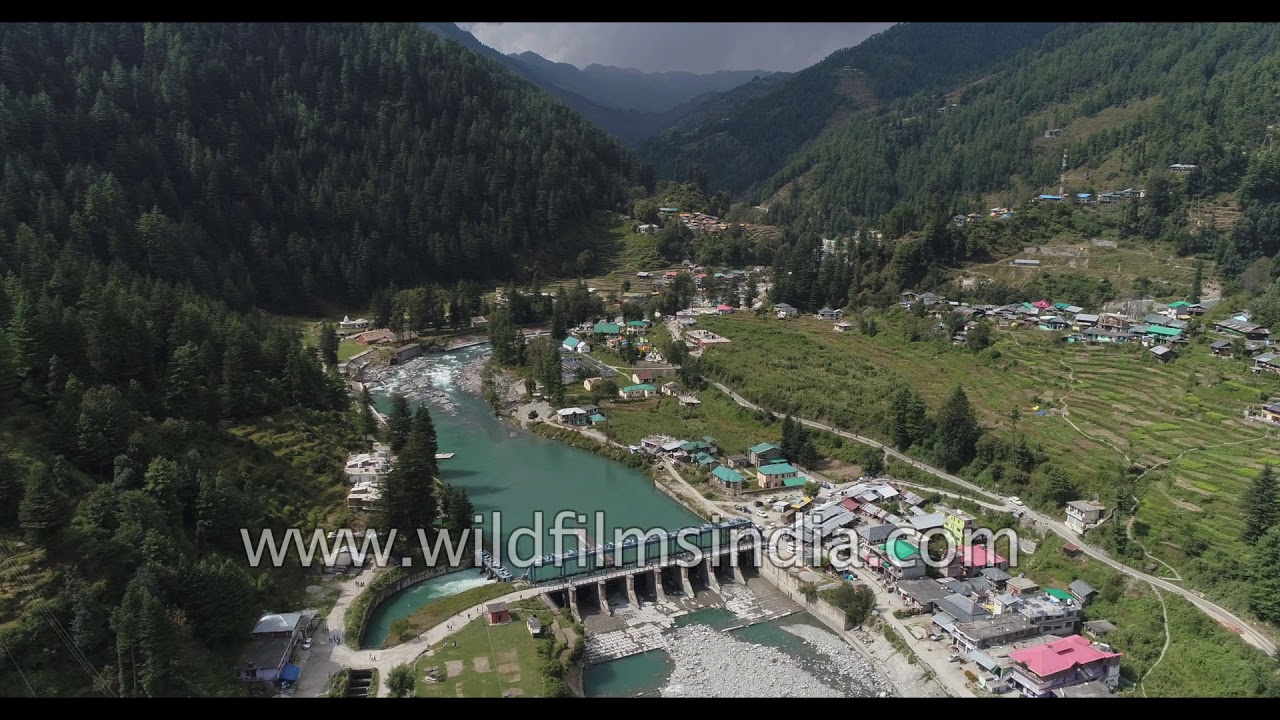 Barot Valley with dam in Himachal Pradesh: aerial view on a sunny winter day
