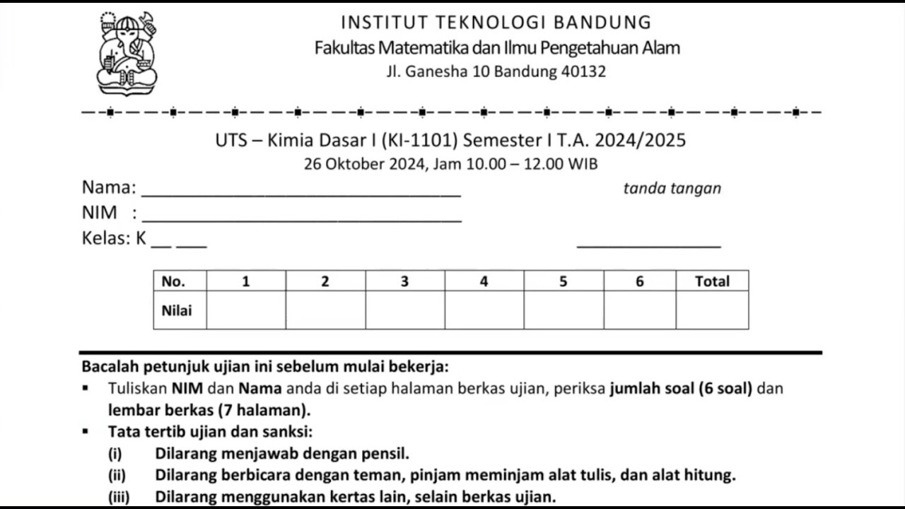 Pembahasan Ujian I Kimia 2024-2025 TPB ITB (Sesi Pagi) - Part 1