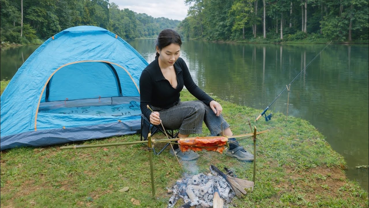 Beautiful Country Girl Camping & Fishing Alone by a Peaceful Natural Lake