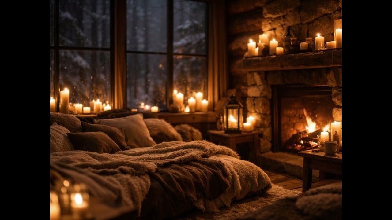 Peaceful Cabin Night by the Fire 🔥 | Snow & Cozy Bed Sleep Ambience