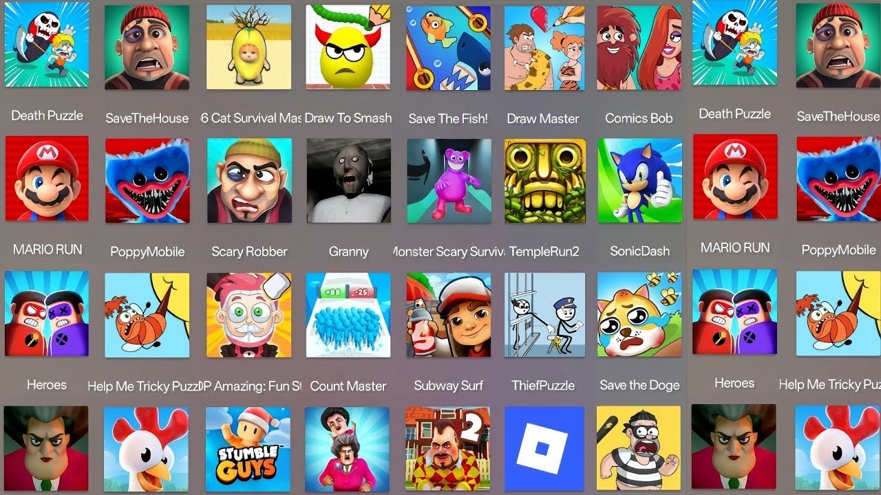 Roblox,Poppy Playtime 4,Thef Puzzle,Hero War Super Stickman, Grimace Monster, Count Master,Mario run