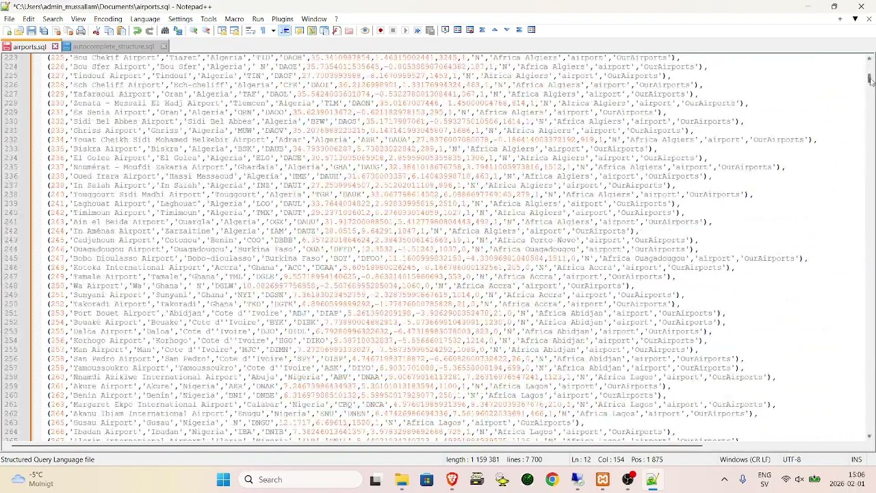Import OpenFlights.dat file into mysql server and use it with jquery autocomplete.