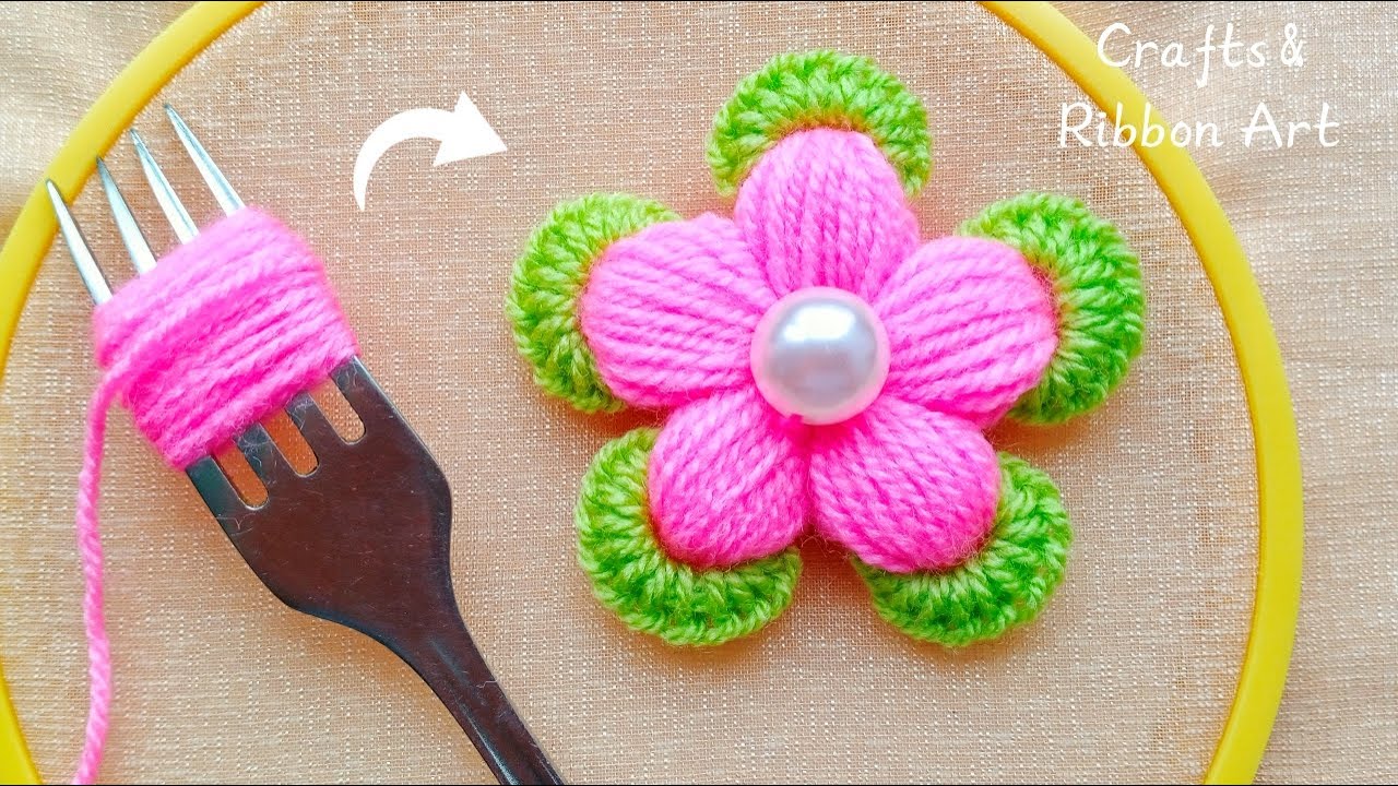 ☀️💖 Супер Простая Идея с Вилкой и Пряжей - Красивый Цветок Легко и без Крючка - Рукоделие