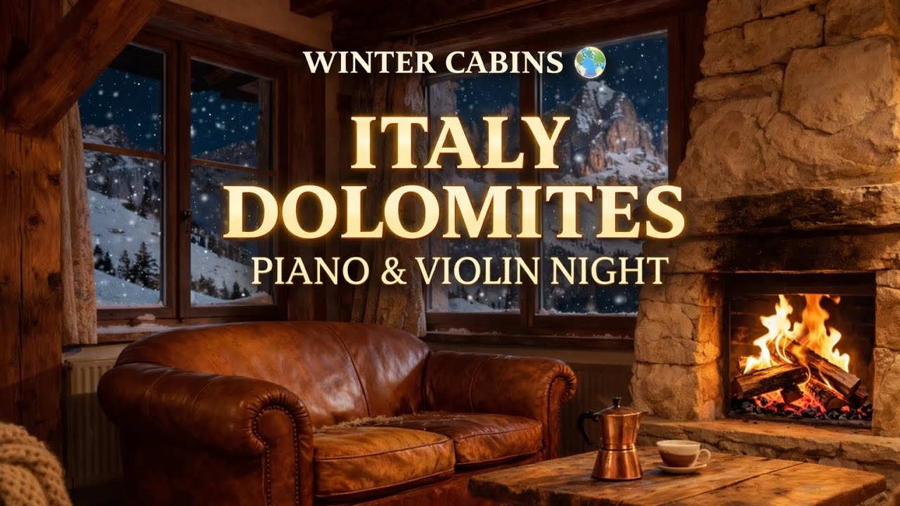 Italy – Dolomites Winter Cabin ☕ Cozy Piano & Violin Night (1 Hour)