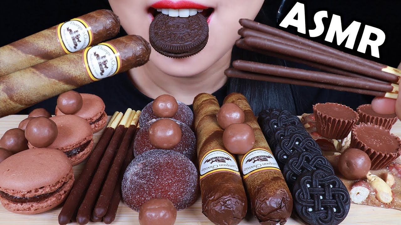 ASMR EATING SOUNDS CHOCOLATE: EDIBLE CIGAR, MALTESERS, OREOS, POCKY, MACARONS, MOCHI, REESE'S 먹방 咀嚼音