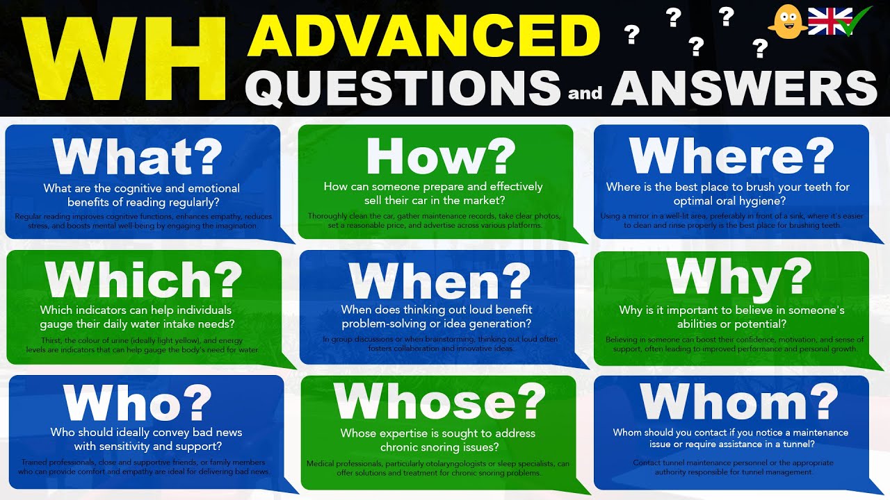 WH Advanced English Questions and Answers - What, How, Where, Which, When, Why, Who, Whose + Whom