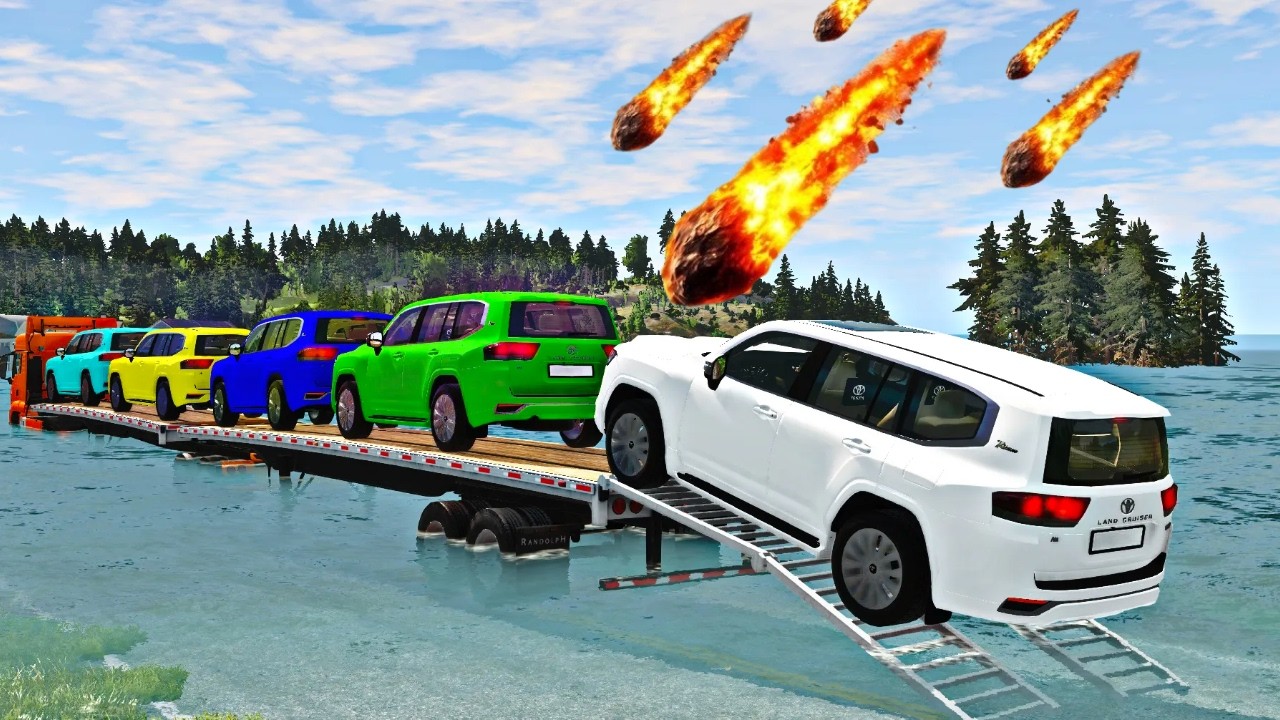 Triple Flatbed Trailer McQueen Transportation with Truck - Speedbumps vs Cars vs Train - BeamNG #29