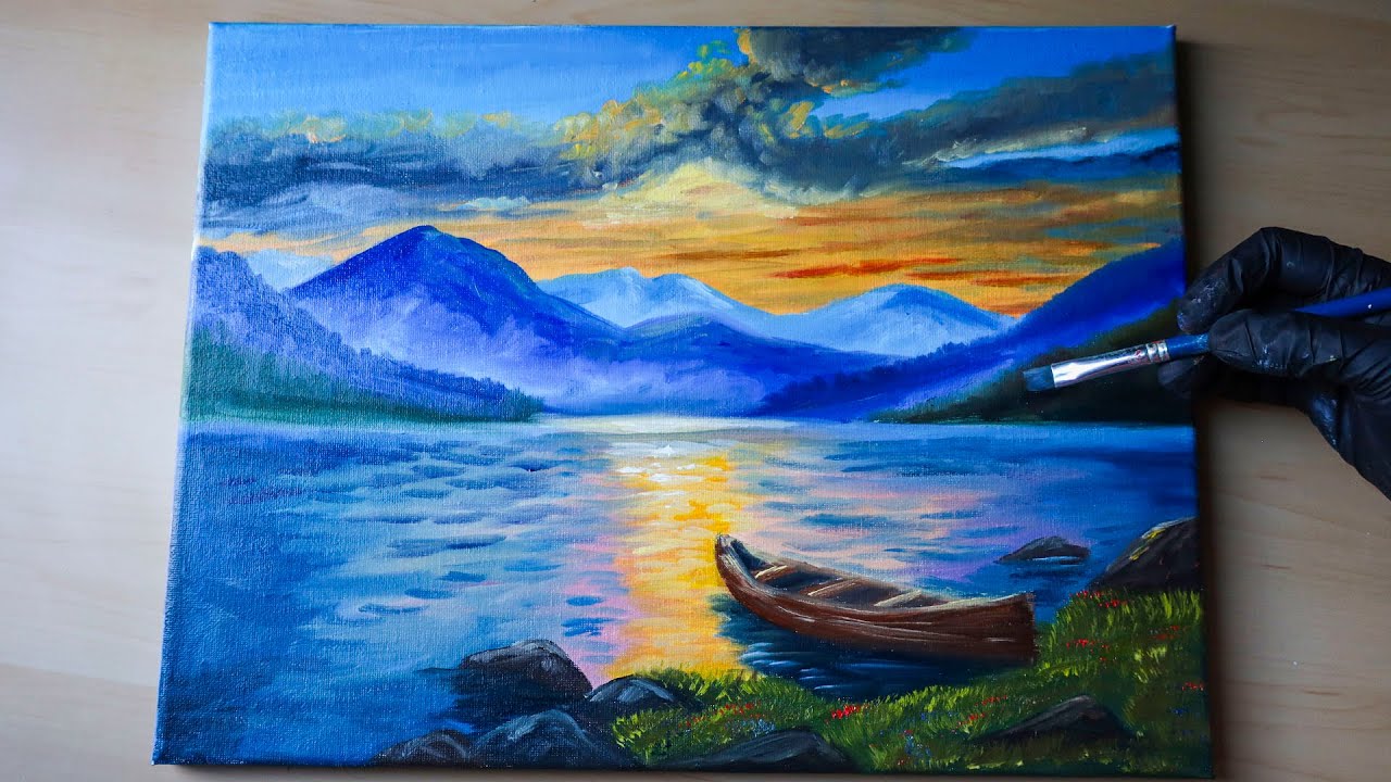 Peaceful Mountain Lake Sunset Painting | Acrylic Landscape Tutorial for Beginners