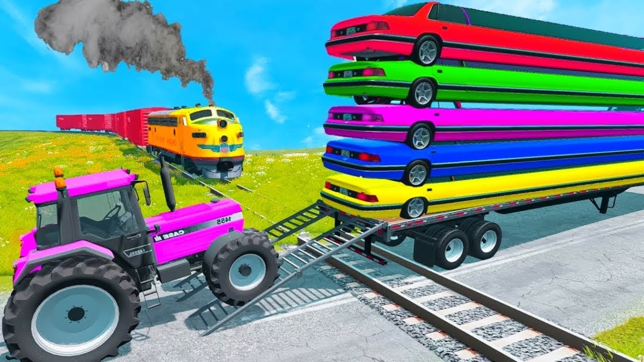 TRANSPORTING PIXAR CARS & FRUITS WITH COLORED & JOHN DEERE vs CLAAS vs TRACTORS - BeamNG.drive #983