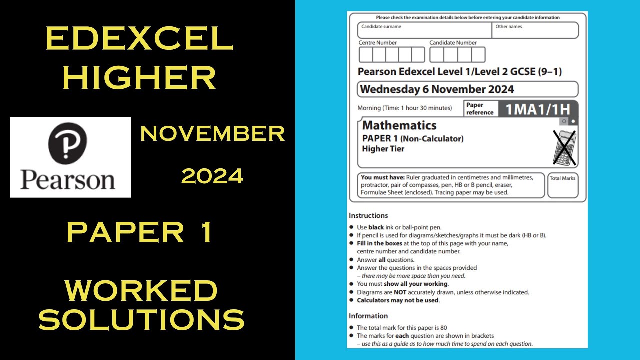 Экзамен Edexcel GCSE по математике (высший уровень) - ноябрь 2024 г. - Экзаменационная работа 1 -...