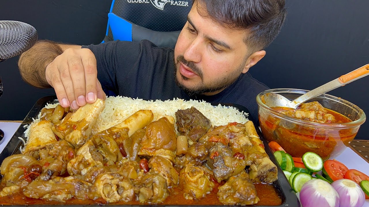 ASMR Eating Beef Paya with rice huge & spicy gravy green chilli salad real mukbang no talking