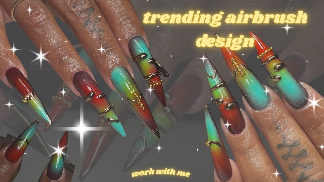 Trending Rainbow Aura Nails 💫 Gelx application + airbrush nail art | bangle nails| watch me work
