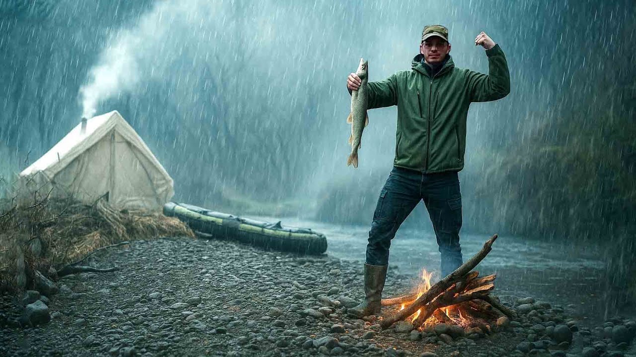 Solo Camping on a River Island | Cold Night, Fish & Hot Tent Cinema