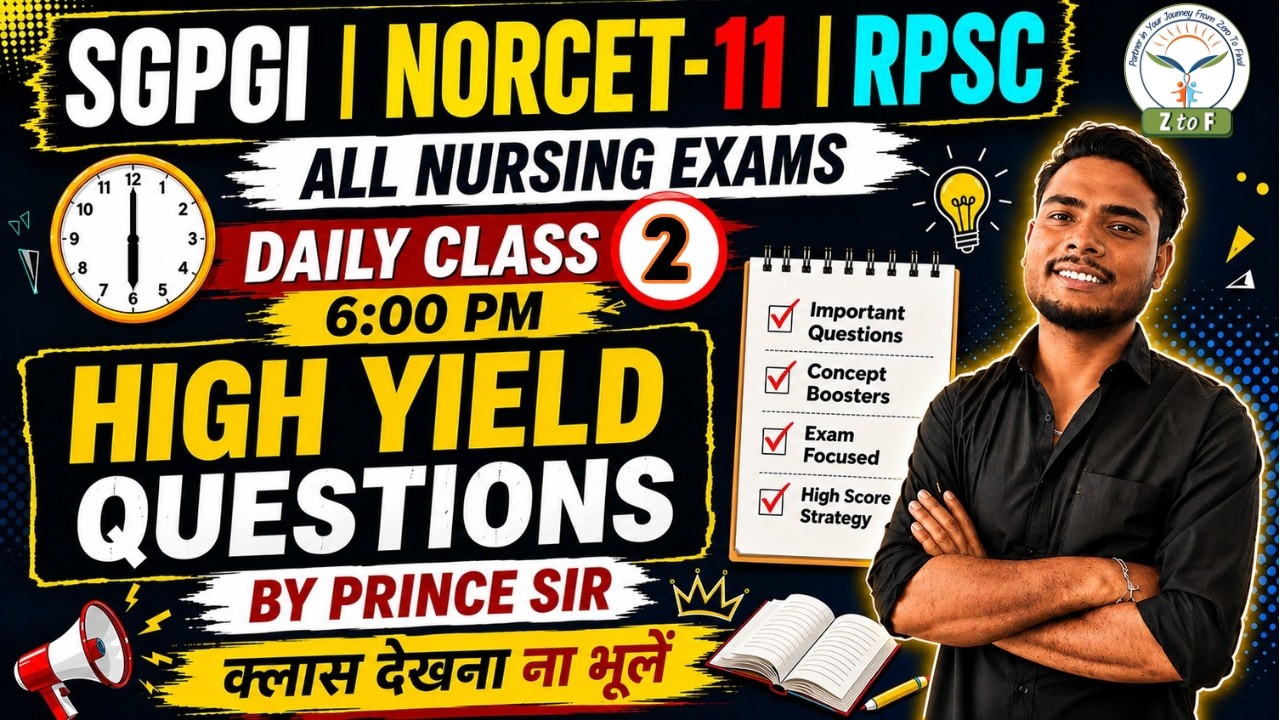 SGPGI | NORCET-11 | RPSC Staff Nurse | HIGH YIELD QUESTIONS | #02| Z TO F NURSING